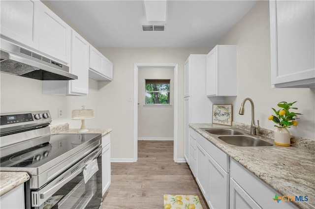 kitchen featuring stainless steel electric range oven, a sink, light wood-style floors, under cabinet range hood, and white cabinetry
