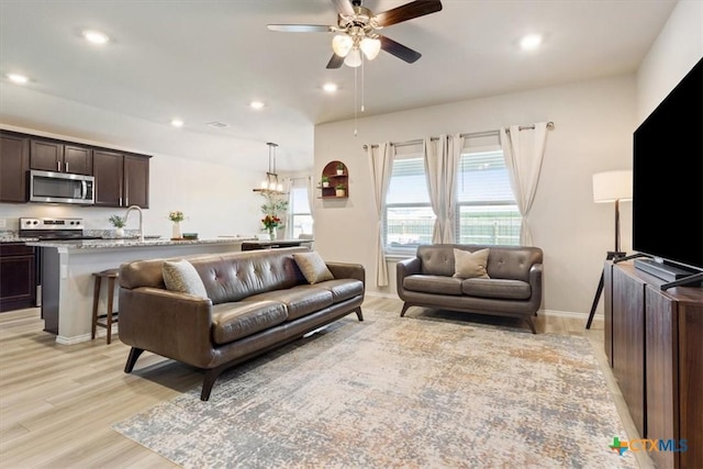 8812 Cantera Ridge Rd, Temple, TX 76502 - living room with a ceiling fan, light wood finished floors, recessed lighting, and baseboards