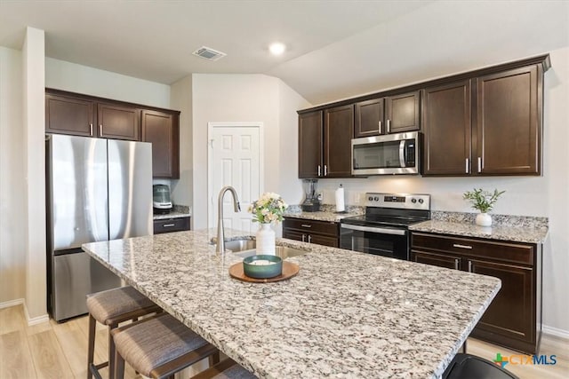 8812 Cantera Ridge Rd, Temple, TX 76502 - kitchen featuring stainless steel appliances, a sink, dark brown cabinetry, a kitchen bar, and a kitchen island with sink