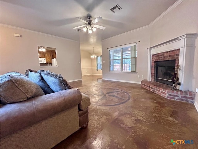 living area featuring baseboards, visible vents, unfinished concrete flooring, crown molding, and a fireplace