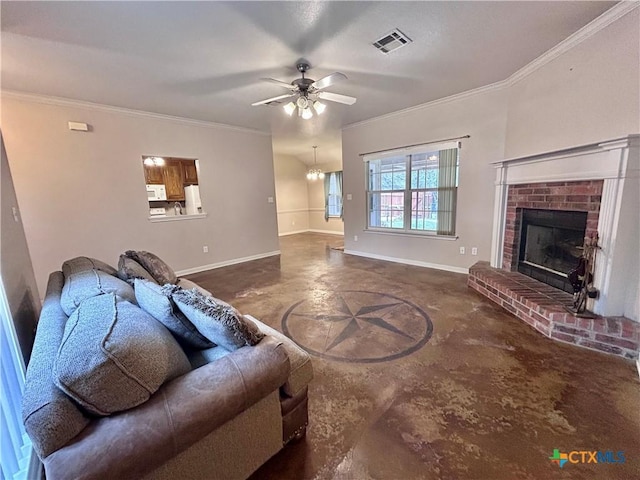 living area with ornamental molding, a fireplace, visible vents, and baseboards