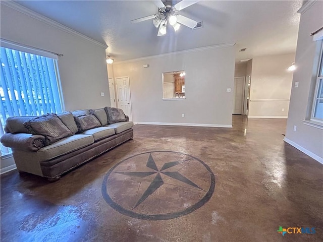 living room featuring visible vents, baseboards, a ceiling fan, ornamental molding, and finished concrete floors