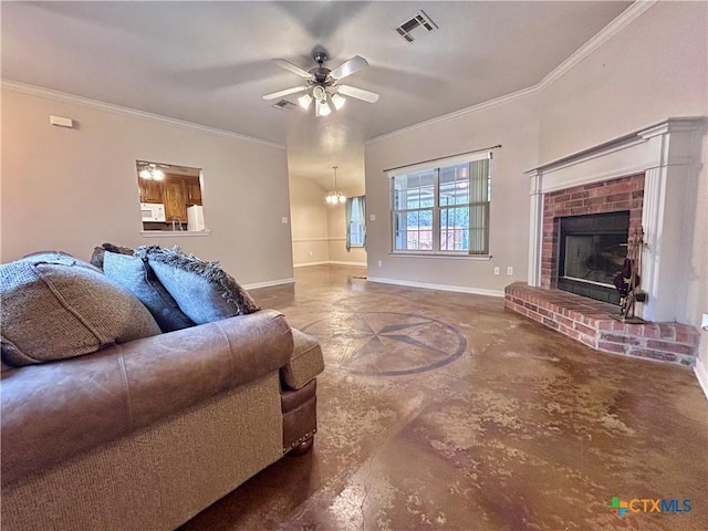 living room with a brick fireplace, visible vents, baseboards, and ornamental molding