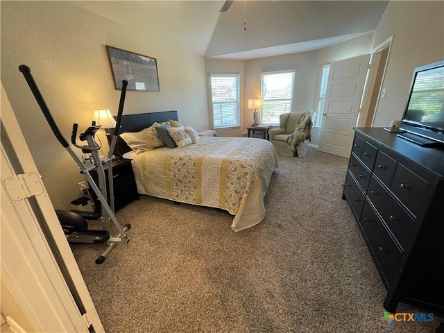 bedroom featuring ceiling fan and dark carpet