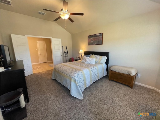 carpeted bedroom featuring ceiling fan and lofted ceiling