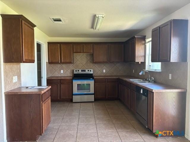 224 Starlight Dr, Temple, TX 76502 - kitchen with stainless steel appliances, a sink, light tile patterned flooring, visible vents, and backsplash