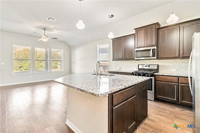 kitchen with sink, backsplash, stainless steel appliances, a center island with sink, and decorative light fixtures