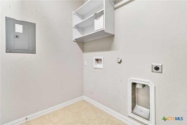 laundry room with gas dryer hookup, light tile patterned floors, electric panel, electric dryer hookup, and washer hookup