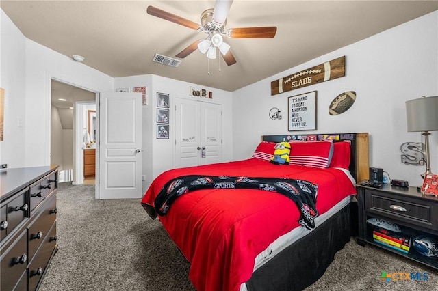 bedroom featuring carpet floors, a closet, and ceiling fan