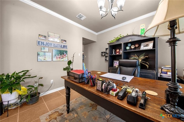 tiled home office featuring ornamental molding, a chandelier, visible vents, and baseboards