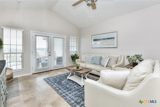 3404 American Dr Unit 3315, Lago Vista, TX 78645 - tiled living area featuring french doors, ceiling fan, baseboards, and high vaulted ceiling