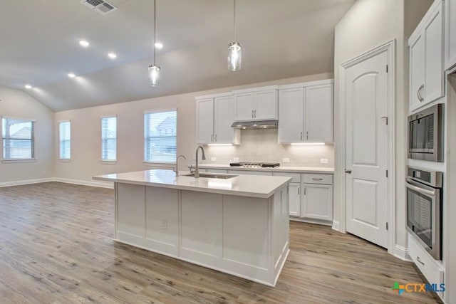 737 Groudsel Ave, New Braunfels, TX 78132 - kitchen featuring light countertops, a sink, appliances with stainless steel finishes, under cabinet range hood, and visible vents