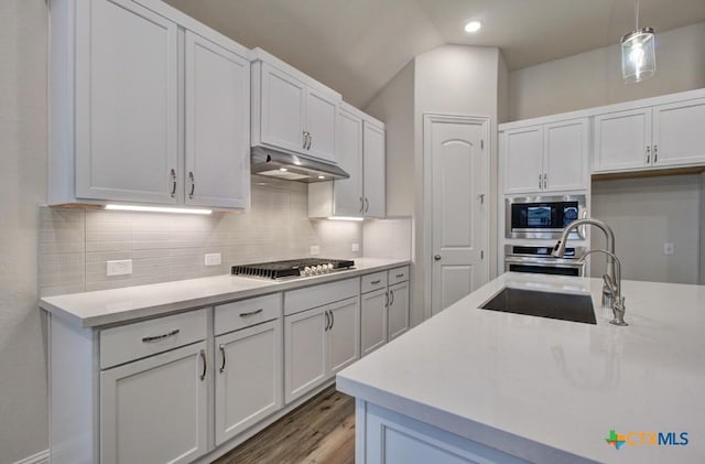 737 Groudsel Ave, New Braunfels, TX 78132 - kitchen with light countertops, stainless steel appliances, under cabinet range hood, backsplash, and a sink