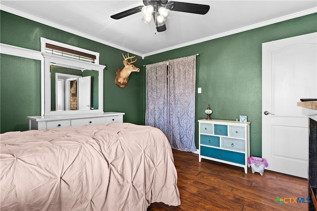 bedroom featuring crown molding, ceiling fan, and dark hardwood / wood-style floors