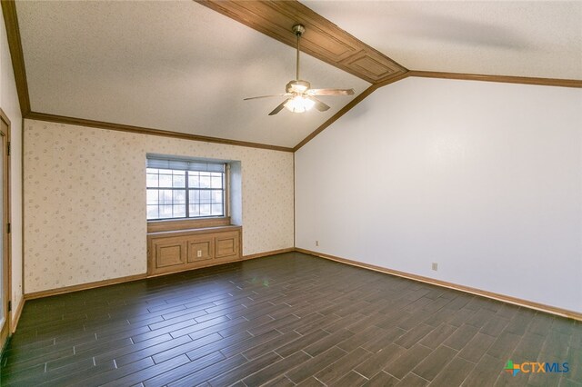 unfurnished room featuring ceiling fan, lofted ceiling, a textured ceiling, and dark hardwood / wood-style floors