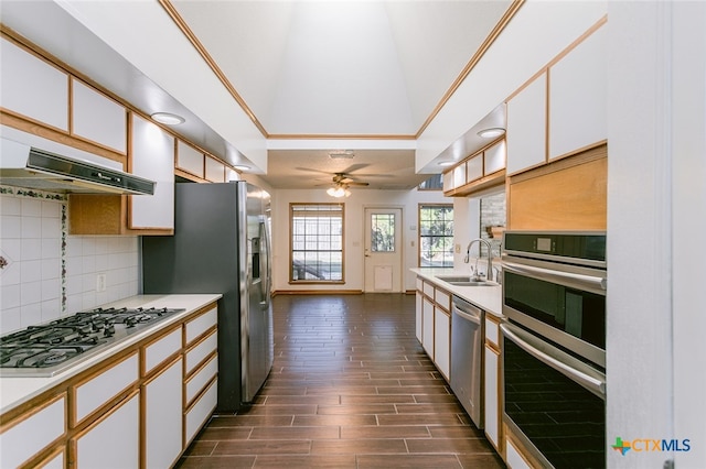 kitchen featuring dark wood-type flooring, white cabinets, sink, tasteful backsplash, and appliances with stainless steel finishes