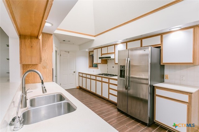 kitchen featuring tasteful backsplash, appliances with stainless steel finishes, sink, and dark hardwood / wood-style floors