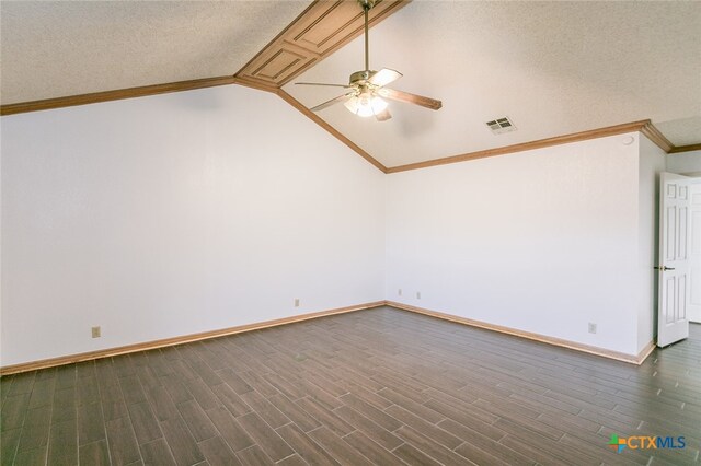 unfurnished room with ceiling fan, dark hardwood / wood-style floors, a textured ceiling, and vaulted ceiling