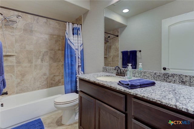 2326 Haven Bluff Ct, New Braunfels, TX 78132 - full bathroom with vanity, shower / bath combination with curtain, toilet, and tile patterned flooring