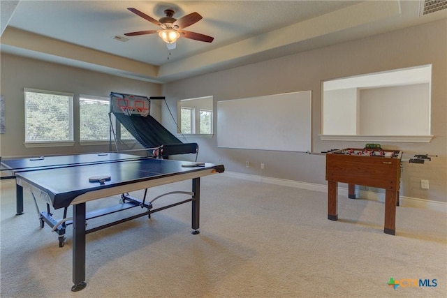 2326 Haven Bluff Ct, New Braunfels, TX 78132 - playroom featuring a ceiling fan, carpet, baseboards, and a raised ceiling