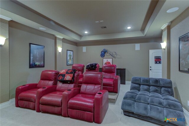 2326 Haven Bluff Ct, New Braunfels, TX 78132 - carpeted cinema with a tray ceiling, decorative columns, recessed lighting, and baseboards