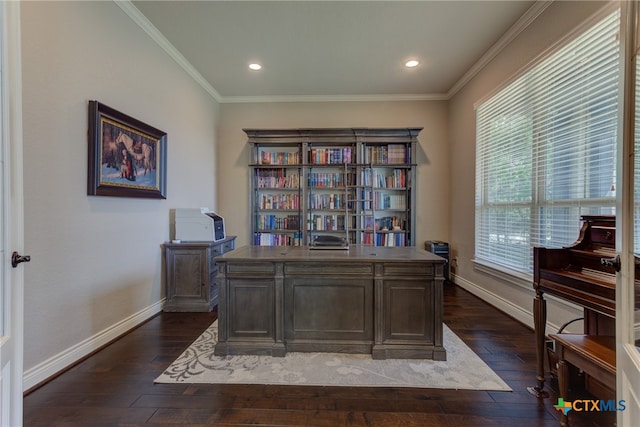 office featuring dark wood-type flooring and crown molding