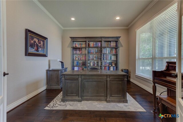 2326 Haven Bluff Ct, New Braunfels, TX 78132 - office with dark wood finished floors, baseboards, ornamental molding, and recessed lighting