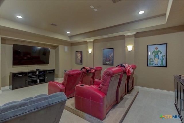 2326 Haven Bluff Ct, New Braunfels, TX 78132 - home theater with light carpet, a raised ceiling, baseboards, and recessed lighting