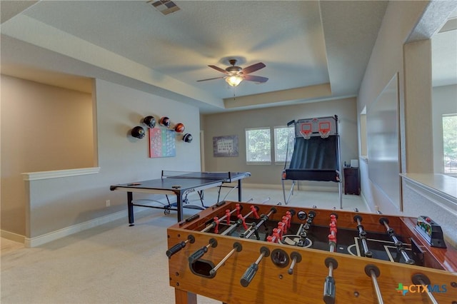 2326 Haven Bluff Ct, New Braunfels, TX 78132 - recreation room with a ceiling fan, baseboards, carpet floors, and a tray ceiling