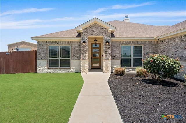 6119 Big Tree Dr, Salado, TX 76571 - ranch-style house featuring roof with shingles, brick siding, and a chimney