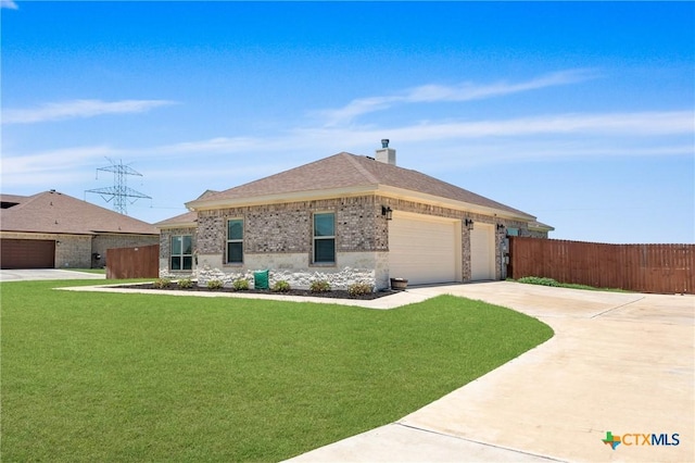 6119 Big Tree Dr, Salado, TX 76571 - ranch-style home with brick siding, driveway, an attached garage, a chimney, and roof with shingles