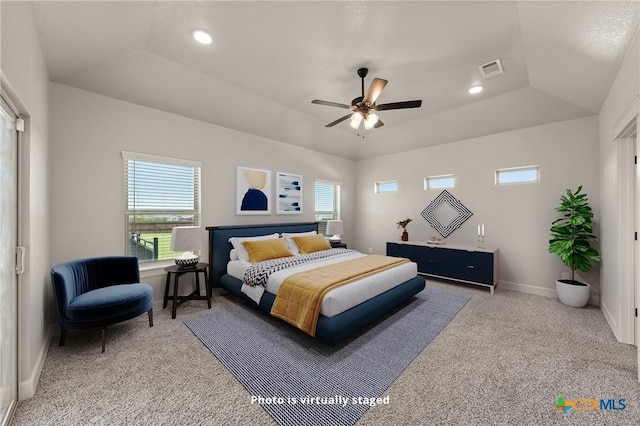 6119 Big Tree Dr, Salado, TX 76571 - carpeted bedroom with a tray ceiling, recessed lighting, ceiling fan, baseboards, and vaulted ceiling