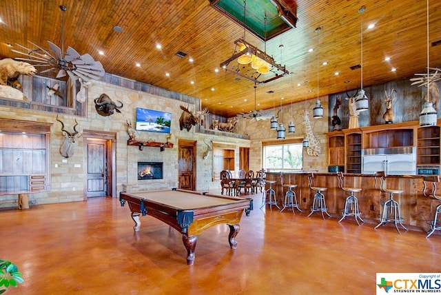 playroom featuring a high ceiling, pool table, wood ceiling, and ceiling fan