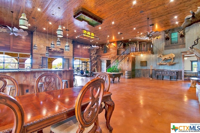 dining room featuring wooden ceiling, billiards, and plenty of natural light