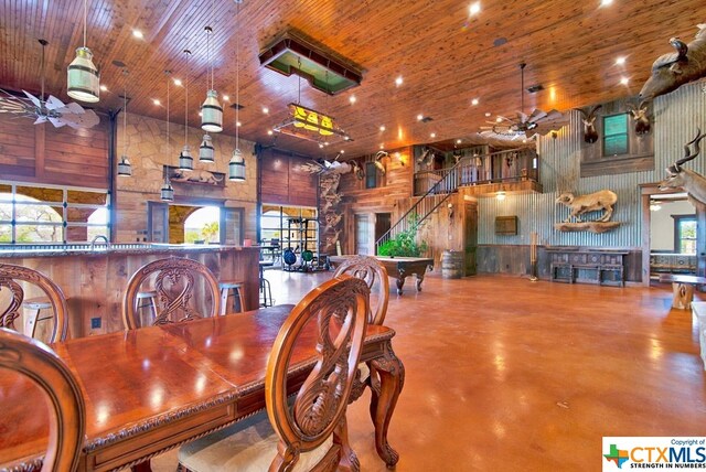 dining room featuring wooden ceiling, billiards, and plenty of natural light