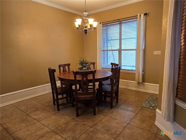 tiled dining room featuring a chandelier and crown molding