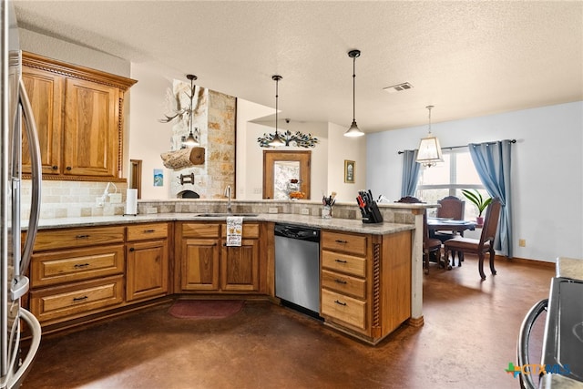 kitchen featuring a sink, brown cabinetry, appliances with stainless steel finishes, and finished concrete floors