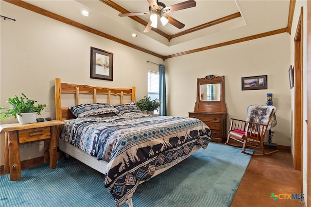 bedroom featuring crown molding, ceiling fan, baseboards, a tray ceiling, and carpet floors