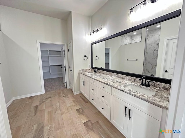 bathroom featuring double vanity, a walk in closet, a sink, and wood finished floors