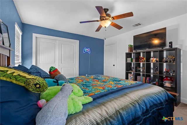 9108 Sage Loop Ct, Temple, TX 76502 - bedroom with a closet, carpet floors, ceiling fan, and baseboards