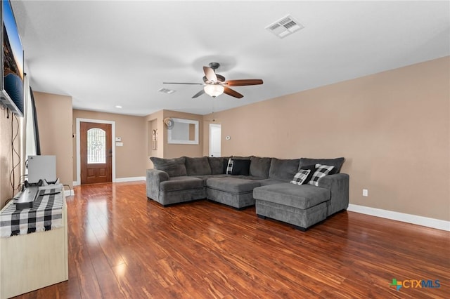 9108 Sage Loop Ct, Temple, TX 76502 - living room featuring a ceiling fan, wood finished floors, and baseboards