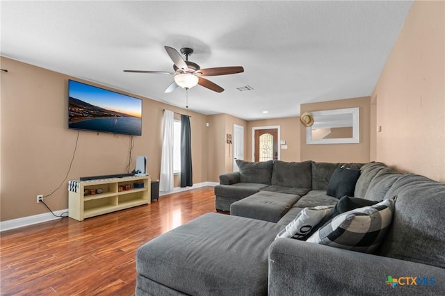 9108 Sage Loop Ct, Temple, TX 76502 - living room with a ceiling fan, wood finished floors, and baseboards