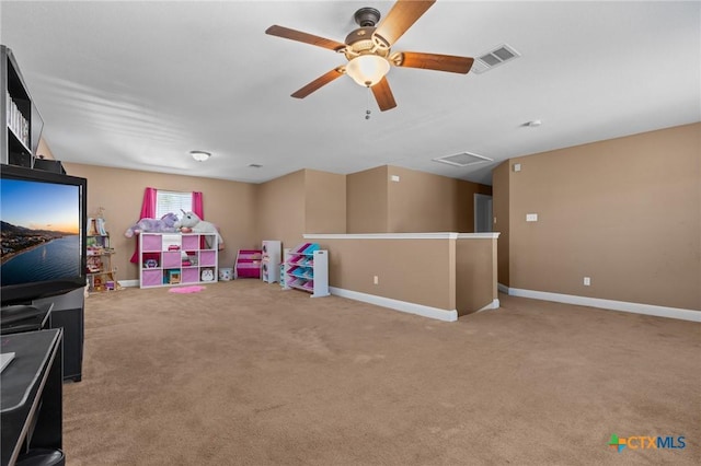 9108 Sage Loop Ct, Temple, TX 76502 - rec room with carpet floors, a ceiling fan, baseboards, and attic access