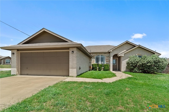 ranch-style house with a garage and a front yard