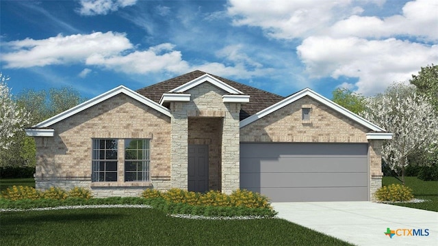 view of front of home with a garage, stone siding, brick siding, and concrete driveway