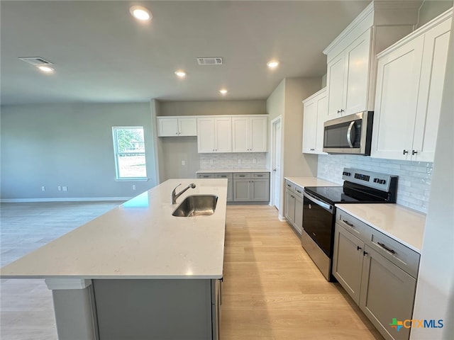 607 W Bayshore Dr, Palacios, TX 77465 - kitchen featuring a sink, stainless steel appliances, visible vents, light wood-style floors, and tasteful backsplash