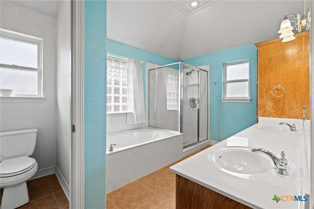 2105 Yak Trl, Harker Heights, TX 76548 - bathroom with toilet, plenty of natural light, a stall shower, a bath, and vaulted ceiling