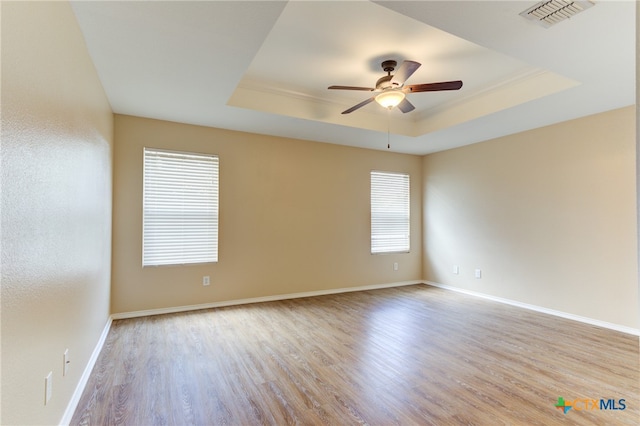 empty room with light wood-type flooring, a wealth of natural light, and a tray ceiling