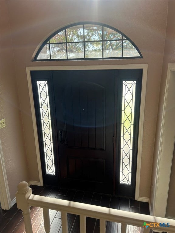 entryway with a wealth of natural light and dark hardwood / wood-style flooring