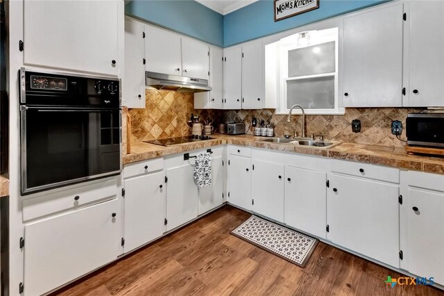 304 W Putnam, Ganado, TX 77962 - kitchen with black appliances, under cabinet range hood, a sink, white cabinets, and crown molding